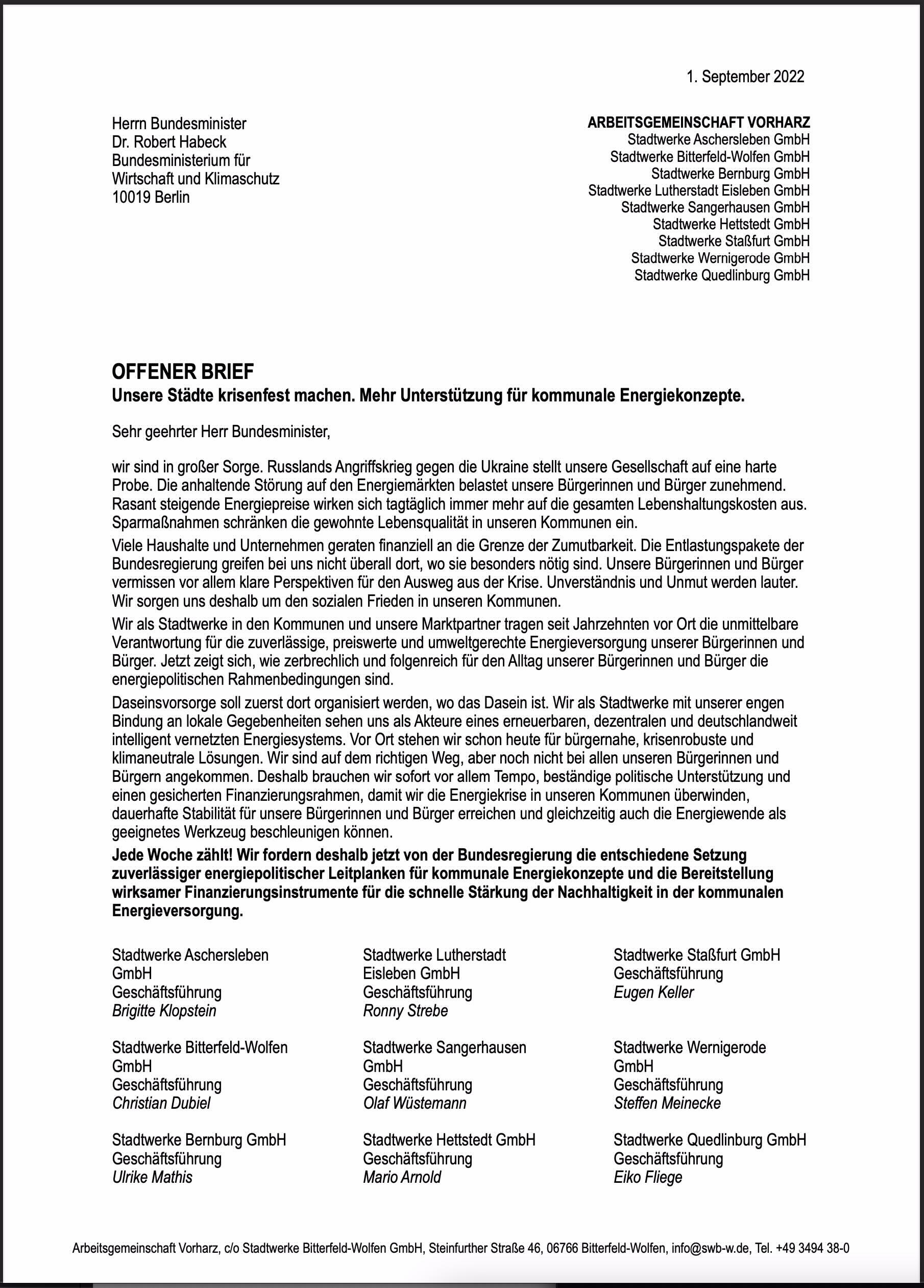 Ein formelles Schreiben in deutscher Sprache mit dem Titel OFFENER BRIEF an Dr. Robert Habeck, in dem es um die Energiekrise geht, unterzeichnet von Bürgermeistern verschiedener deutscher Städte, mit schwarzem Text auf weißem Hintergrund. Datiert auf den 1. September 2022.