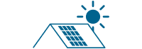 Ein blaues Symbol eines Solarpanels, das nach oben geneigt ist und über dem die Sonne scheint, steht für die Erzeugung von Solarenergie.