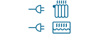 Zwei elektrische Steckersymbole, von denen das eine auf ein Heizkörpersymbol und das andere auf ein Wassererhitzersymbol zeigt, stehen für elektrische Heizsysteme zur Raum- und Wassererwärmung.