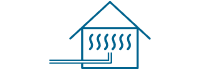Einfache blaue Linienzeichnung eines Hauses mit Dampf oder Wärmewellen im Inneren, die von einem einzigen Punkt ausgehen und eine Innenraumheizung oder ein Heizsystem im Haus darstellen.