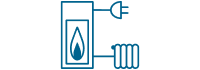 Ein blaues Symbol, das eine Gasflamme in einem Rechteck zeigt, die oben mit einer Steckdose und unten mit einem Heizkörper verbunden ist und ein integriertes Heiz- und Energiesystem darstellt.