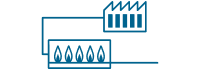 Ein einfaches blaues Symbol, das eine Fabrik zeigt, die durch eine Linie mit einer Reihe von fünf Personen verbunden ist, was das Konzept von Arbeitern oder Angestellten darstellt, die mit einer Produktionsstätte verbunden sind.