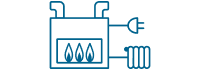 Eine blaue Linienzeichnung eines Ofens mit Flammen im Inneren, Drähten, die mit einem Stecker verbunden sind, und einem Thermostat auf der rechten Seite, die ein Heizungs- oder HVAC-System darstellt.