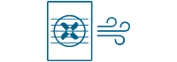 Das Symbol eines Ventilators in einem Rechteck mit gekrümmten Linien, die das Ausblasen von Luft darstellen, zeigt die Belüftung oder den Luftstrom an.